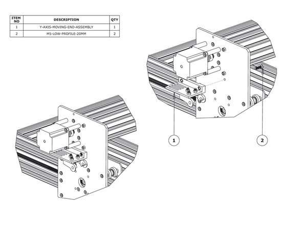 Secure the Y-Axis-Moving-End-Assembly using 2 x M5-Low-Profile-20mm bolts and the 2 x M5-Nyloc-Nuts already inserted into Y-Drag-Chain-Moving-End-Mount.
