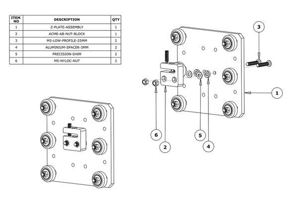 Attach the ACME-AB-Nut-Block to the Z-Plate using 2 x M5-Low-Profile-25mm bolts. In-between the ACME-AB-Nut-Block and Z-Plate on each bolt there should be an Aluminium-Spacer-3mm and a Precision-Shim.