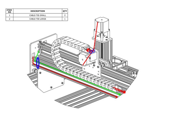 For the Z-Axis motor wire that is inside the X-Drag-Chain, connect it to the pigtail on Z-Axis stepper motor. Making sure there is enough slack for the full travel of the Z-Axis, secure the wire to the X-Drag-Moving-End-Mount using a Cable-Tie-Small, shown by the small blue circle above.