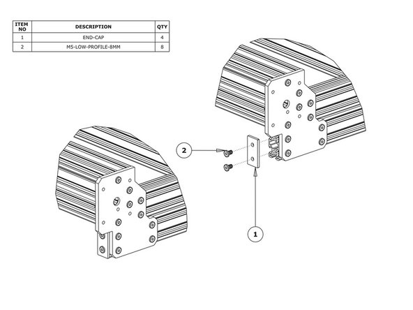 Attach an End-Cap to front left end of the V-Slot-2040-745mm using 2 x M5-Low-Profile-8mm bolts.