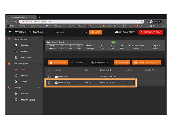 Jog the Machine up by 5mm using the +Z Button. Turn on your router, Adjust the RPM on your router to match what you have setup in your CAM program.
