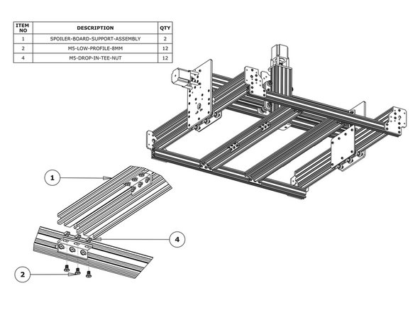 Through all three holes on each Universal-Bracket-Triple attached in Step 2, attach a M5-Low-Profile-8mm bolt with a slightly screwed M5-Drop-In-Tee-Nut on the end.