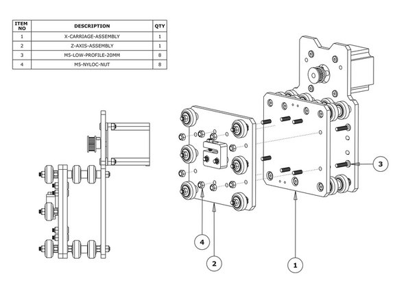 Mate the Z-Plate-Assembly to the X-Carriage-Assembly in the orientation seen above. Use 8 x M5-Low-Profile-20mm bolts and 8 x M5-Nyloc-Nuts to secure the two assemblies together.