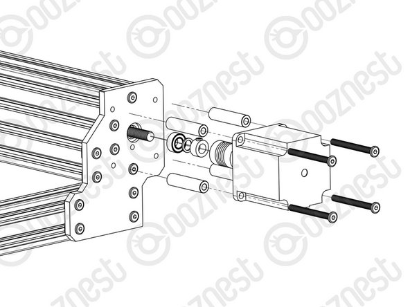 Adjust the left Y-ACME-Screw (as if looking from the front) so roughly 10mm is protruding from the Y-End-Plate at the back of the machine. Slide onto the end a F688zz-Bearing, 8mm-Shim and 8mm-Clamping-Collar, and inset the F688zz-Bearing into the hole on the Y-End-Plate.