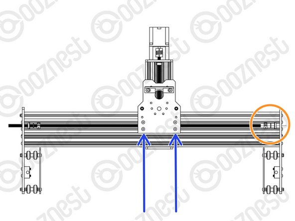 Insert the Lead-Screw-X through the large 16mm hole on the Y-Carriage-Right so it protrudes into the channel on Extrusion-E roughly 100mm.