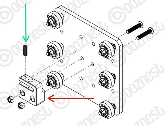 Attach the Z-Axis-Nut-Block to the Z-Plate using 2 x M5-Button-Head-Bolt-25mm &amp; 2 x M5-Nyloc-Nuts.