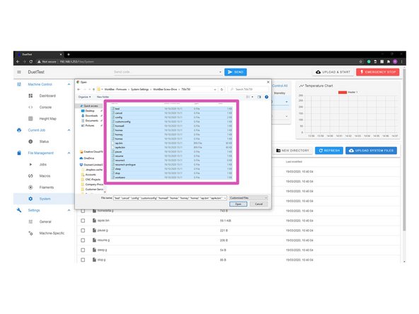 Click Upload System Files under the File Management - Settings Tab in the Duet Web Control.