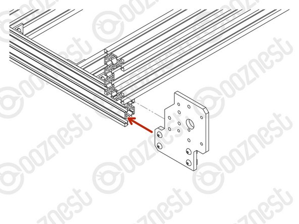 At the front right corner of the machine, slide a Y-End-Plate into the two front-facing slots of Extrusion-A.