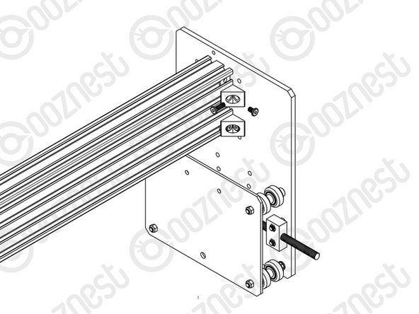 Attach an Angle-Corner to the Y-Plate-Right-Assembly &amp; the front facing top slot of the C-Beam-750mm. A M5-Low-Profile-8mm screws into the Tee-Nut previously inserted, and a M5-Low-Profile-15mm goes though the Angle-Corner and attaches to a M5-Nyloc-Nut on the outside of the Y-Plate-Right-Assembly.