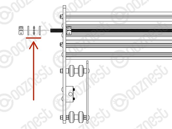 Starting with the X-Axis, on the opposite side to the Stepper-Motor slide on to the Lead-Screw a Thrust-Bearing-Housing-Washer - ->- - Thrust-Bearing-Caged-Roller - ->- - Thrust-Bearing-Shaft-Washer