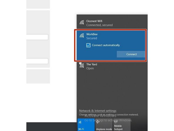 Using your computers Wifi or Connection settings connect to the Displayed WorkBee Network.