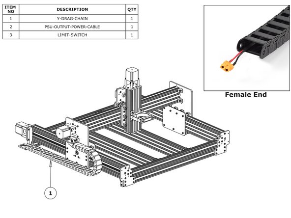 Lay the Y-Drag-Chain flat on a table. Feed the PSU-Output-Power-Cable through the whole length of the Y-Drag-Chain. Ensure that the end with the XT60-Connector, is located at the female end of the Y-Drag-Chain. (as shown in the ‘Female End’ image).