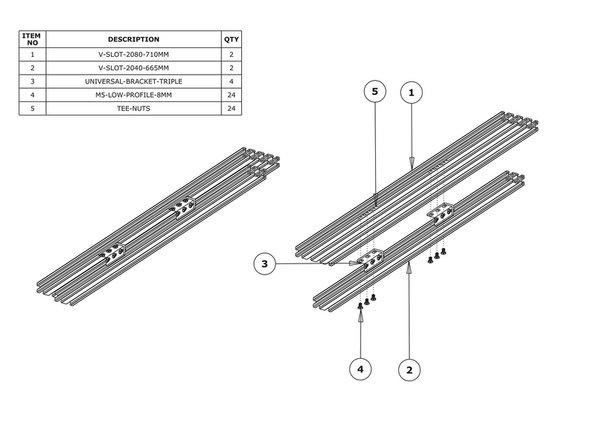 Insert 6 x Tee-Nuts into the left facing slot of the V-Slot-2040-665mm.