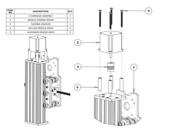 Slide the 1/4” side (the side with the smallest hole) of the Flexible-Coupler onto the shaft of the NEMA23-Stepper-Motor. Don’t tighten it down at this point.
