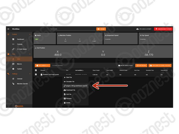 Right click the file under File Management &gt; Jobs and press 'plugins.CNCgcodeViewer.view3D'