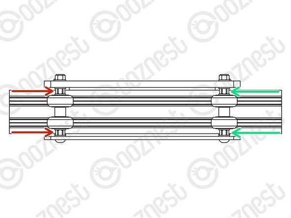Insert Extrusion-D in-between the two rows of wheels. Turn the assembly upside down so Extrusion-D is sitting on the top row of Solid-Wheels.