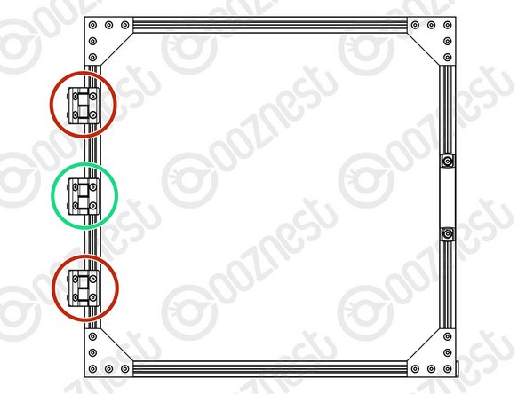 Place two Door-Hinges 50mm in from the edge of the Corner-Joining-Plate on Extrusion H opposite to the Door-Handle.