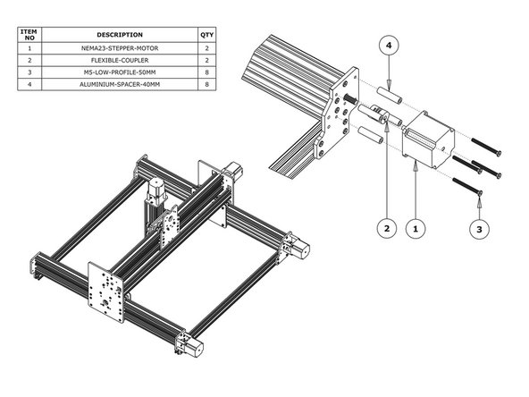 Slide the 1/4” side (the side with the smallest hole) of the Flexible-Coupler onto the shaft of the NEMA23-Stepper-Motor. Don’t tighten it down at this point.