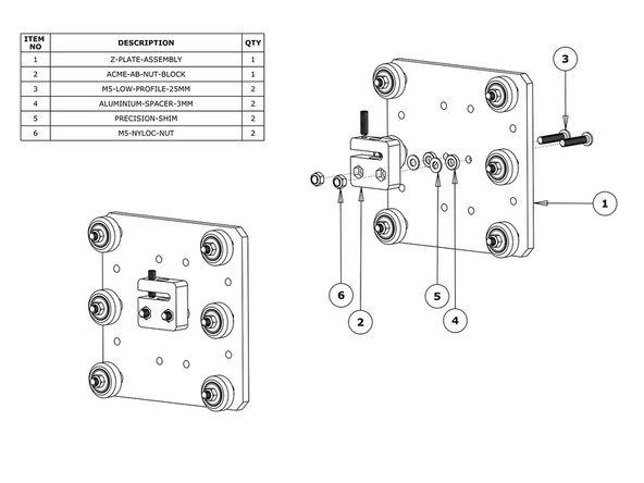 Attach the ACME-AB-Nut-Block to the Z-Plate using 2 x M5-Low-Profile-25mm bolts. In-between the ACME-AB-Nut-Block and Z-Plate on each bolt there should be an Aluminium-Spacer-3mm and a Precision-Shim.