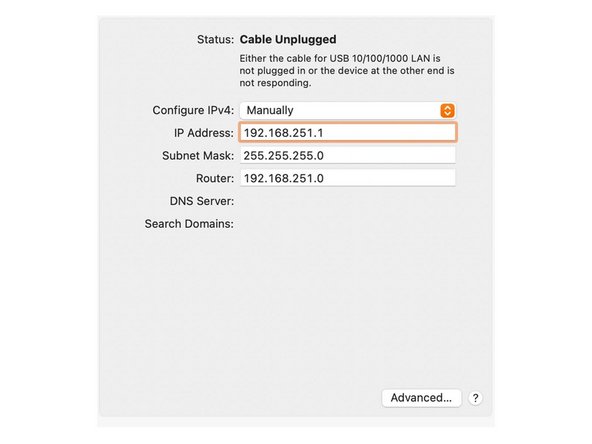 For Mac users change the 'Configure IPv4' dropdown to 'Manually'