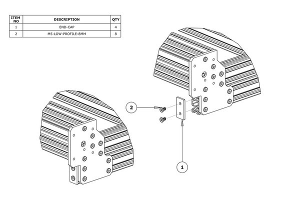 Attach an End-Cap to front left end of the V-Slot-2040-745mm using 2 x M5-Low-Profile-8mm bolts.