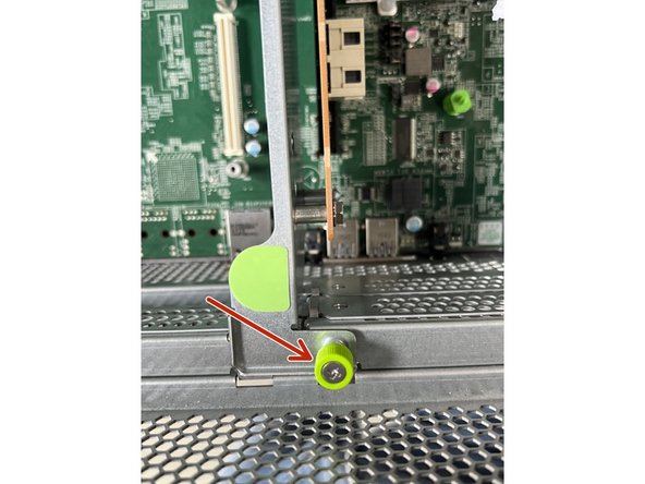 Loosen the screw anchor connecting the PCI board to the front of the chassis.  The screw is designed to be loosened by hand but a Phillips screwdriver may be required.
