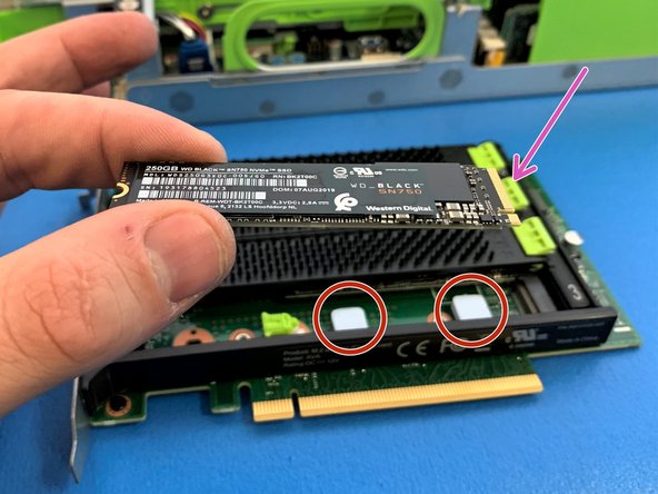 Ensure the 2 thermal pads are present on the AVA M.2 NVMe carrier card before installing the SSD.