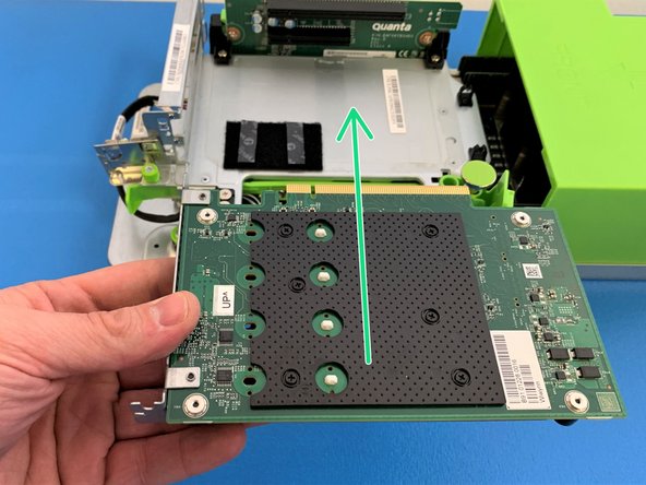 Carefully re-install the AVA M.2 NVMe carrier card into the server by slowly sliding it into the PCIe Riser card socket.