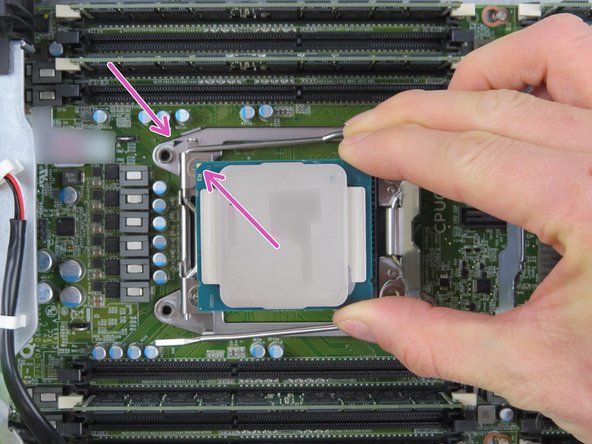 Orientate the CPU so that the arrow printed on the CPU aligns with the arrow printed on the CPU retention housing, as shown.