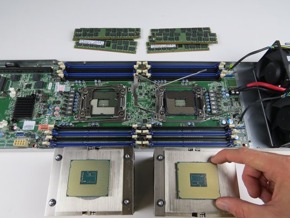 Place the CPUs on top of their respective heatsinks
