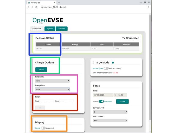 The OpenEVSE tab provides the management of most charging functions.