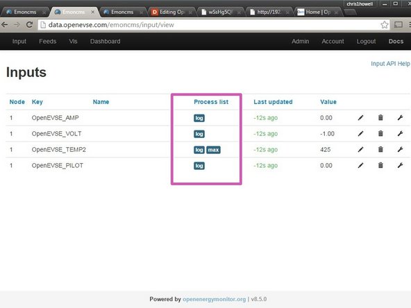 Create a Feed for each Input you wish to log. Click the Wrench icon on the right side of the Inputs page.