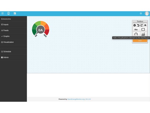 Add Rawdata charts for current and temprature.  Click on Bargraph icon Visualizations then Rawdata. Click on the grid to add.
