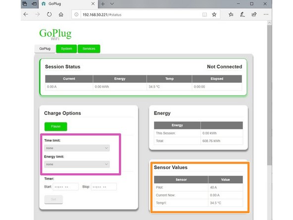 The OpenEVSE tab provides the management of most charging functions.