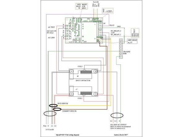 See PDF document for more readable image. The OpenEVSE board is designed to drive either a 12V DC relay coil for the Struthers &amp; Dunn DPST contactor, or a 120V AC coil for a Packard C240C contactor, or two SPST contactors. Different connections are used for each. For the Struthers &amp; Dunn contactor, the terminal block marked "AC_RELAY" is not used.