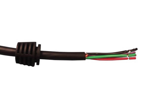 Slide gland onto the cable. The notched end should face toward the stripped conductors.