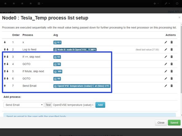 Example 1 - Send E-mail when Charging is complete. Add the values in the red box to the OpenEVSE_AMP input. Logic: If the value is changing and now equals 0 then send an Email. If not Goto the end "99".
