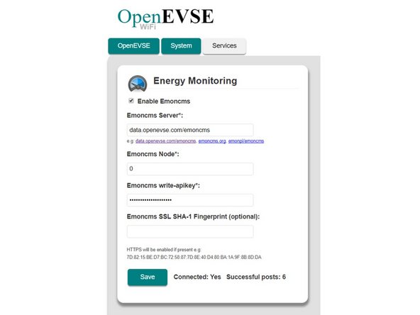 OpenEVSE WiFi can send energy data to the Open Energy Monitor Service (EmonCMS). You can configure: