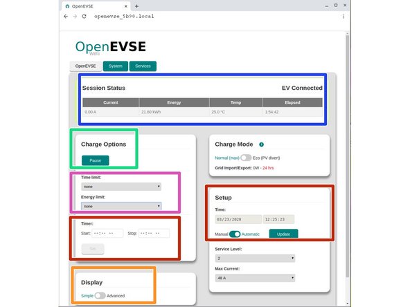 The OpenEVSE tab provides the management of most charging functions.