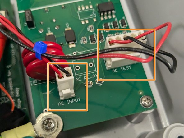 Connect AC_INPUT (RED and BLACK small 2 Position connector) and AC_TEST (RED and BLACK Large 3 Position connector)