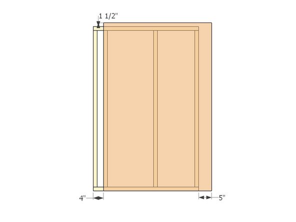 Place the frame/osb/insulation assembly osb-side down.  Align the plywood sheathing with a 5&quot; overhang on the right (edge furthest from narrow stud-gap) and flush with the bottom plate. The offset should line the left edge to sit flush with the 2nd stud from left-most.  The top overhang should be 1.5&quot;.