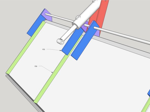 Take one of the P33 parts and clamp to the middle p26 shaped piece. Place P26 Strut against the lid, ensure it is parallel with P33, and weld in place.