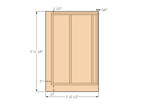 Place the frame on the ground or on a table with the narrow gap between studs on the right.  Place the OSB sheathing onto the frame so that it overhangs 6&quot; along the bottom and 5&quot; along the left side.  This should result in a 1.5&quot; overhang at the top and a 5/8&quot; overhang on the right side.