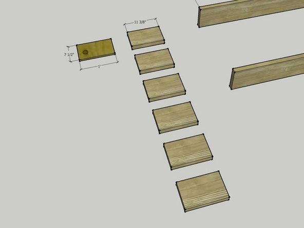 Make 6 short 2x8 pieces for both ends of each beam, each 11 3/8&quot; in length. Cut these from 8' 2x8s.