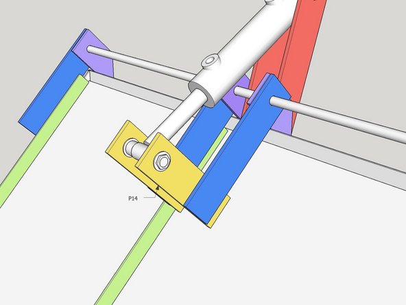 Ensuring the Hydraulic cylinder is about 1/4&quot; back from full extension (to ensure the lid can fully close, but we don't want it to continue to extend much after full closure), bolt 2x P14 cylinder struts on to the cylinder, along with the spacers and washers. There are washers on both sides of P14 Parts.
