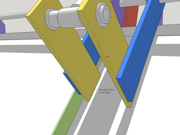Rotate the cylinder about the base etc to get the first P14 strut in position. it should be flat against the inside of P33. tack in place, ensure it is perpendicular to the lid with a set square and finish welding