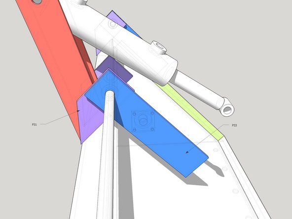 Lightly clamp P33 onto P31 maintaining the 90 degree angle in the joint as in the diagram. Since there is a washer in between on the shaft, 2 clamps may be required to keep everything flat.
