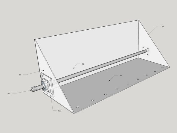 Hold sidewall (P5) into place, and then stick Shaft 21 through the bearings to ensure proper alignment of side walls. Tack sidewall (P4). Now tighten the bolts, ensuring the shaft is aligned correctly.