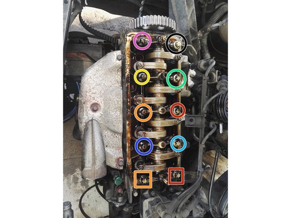 Dévissez les vis de culasse en escargot (Cercle rouge =&gt; orange =&gt; jaune =&gt; vert =&gt; bleu ciel =&gt; bleu foncé =&gt; rose =&gt; noir =&gt; carré rouge =&gt; carré orange