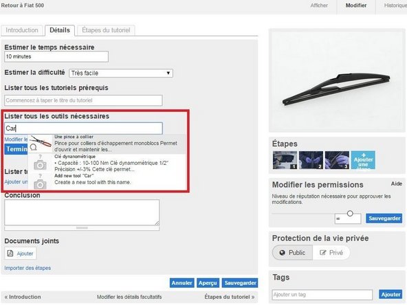 Commencez à taper le nom de la pièce ou de l'outil que vous souhaitez ajouter.